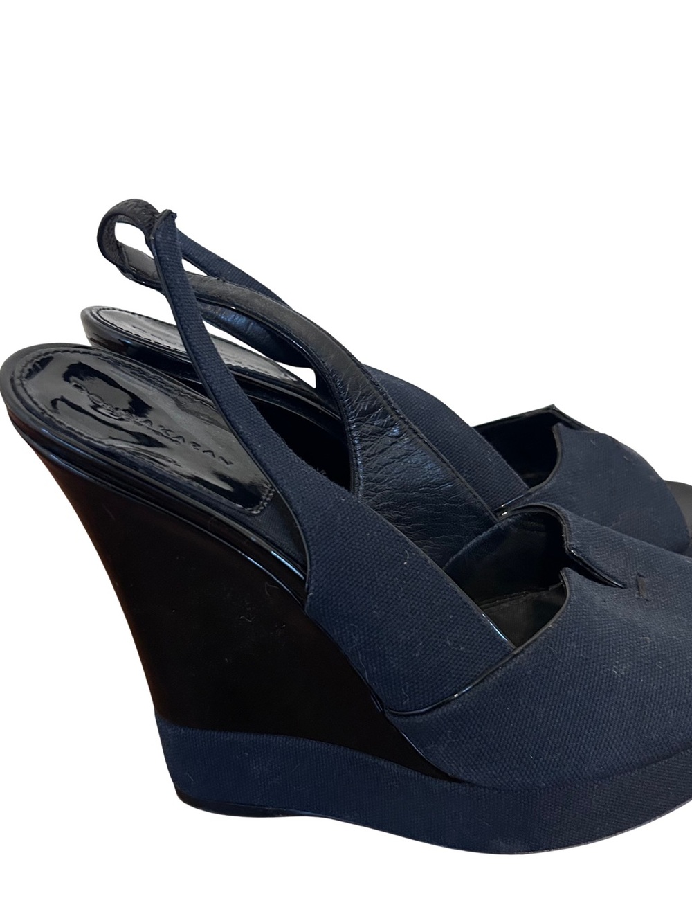 Donna Karan Patent Leather Black Slingback Wedge Canvas Sandals Platforms 38